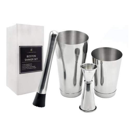4 pc Cocktail Shaker Set with Boston Shaker, Japanese-style Jigger, and Professional Muddler