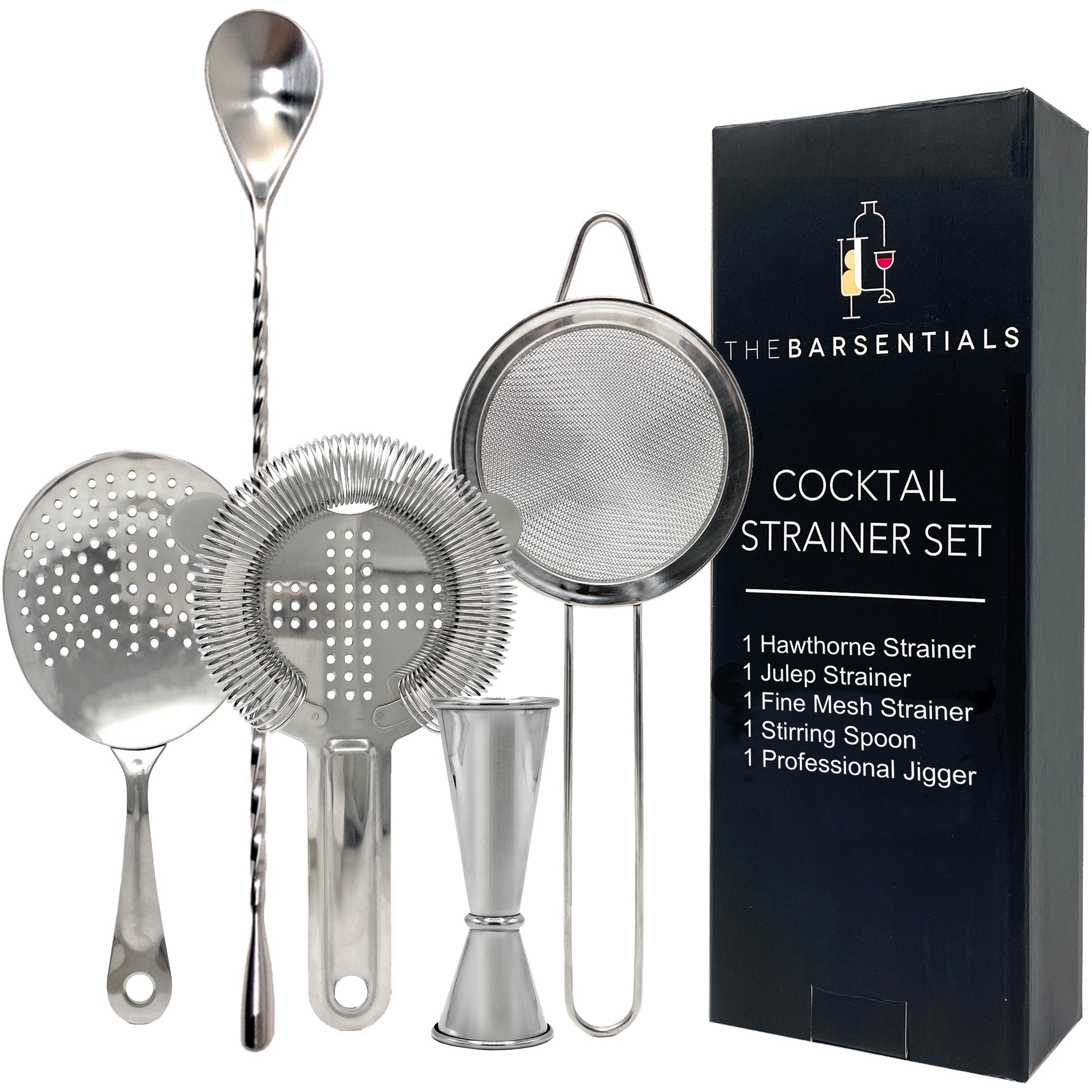 Cocktail Strainer Set with Hawthorne, Julep, Fine-Mesh Strainer and  Stirring Spoon – Chyva