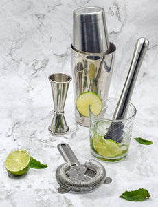 5 pc Cocktail Shaker Set with Boston Shaker, Hawthorne Strainer, Japanese-style Jigger, and Professional Muddler