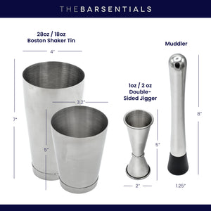 4 pc Cocktail Shaker Set with Boston Shaker, Japanese-style Jigger, and Professional Muddler