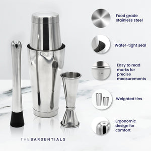 4 pc Cocktail Shaker Set with Boston Shaker, Japanese-style Jigger, and Professional Muddler