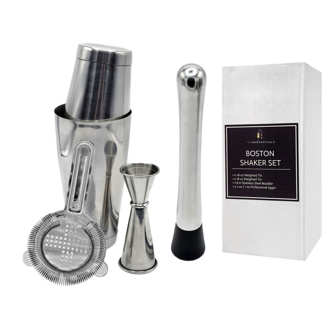 5 pc Cocktail Shaker Set with Boston Shaker, Hawthorne Strainer, Japanese-style Jigger, and Professional Muddler